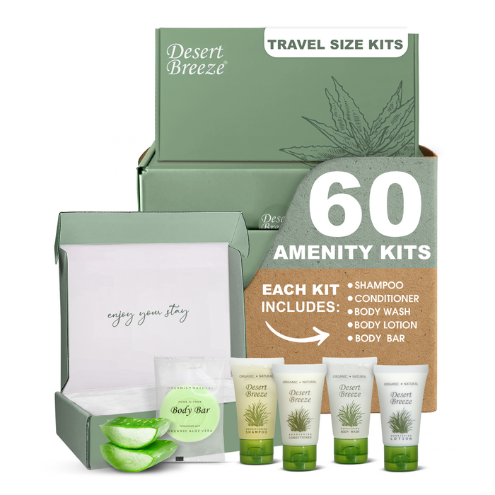 Dessert Breeze Amenity Kit | Boxed Hotel Toiletries | Bulk Set 1oz Travel Size Shampoo, Conditioner, Lotion, Body Wash & Body Bar Soap for Guest Hospitality AirBnB/Vacation Rentals | 60 sets per case