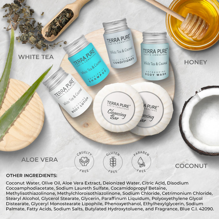 Terra Pure White Tea & Coconut Amenity & Accessory Kit |1oz Travel Size Shampoo, Conditioner, Lotion, Body Wash, 2 Cleansing Bars, Shave & Dental Sets, Make-Up Remover Wipes, & Vanity Kit | 15 Boxes