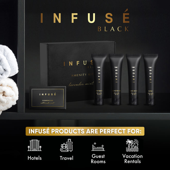 Infuse Black Amenity Kit | Boxed Hotel Toiletries | Bulk Set 1 oz Travel Size Shampoo, Conditioner, Lotion, Body Wash & Cleansing Bar for Guest Hospitality AirBnB/Vacation Rentals | 15 sets per case