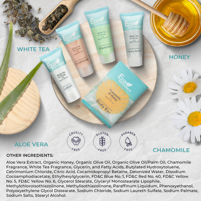 Eco Botanics Amenity Kit | Boxed Hotel Toiletries | Bulk Set .85 oz Travel Size Shampoo, Conditioner, Lotion, Body Wash & Body Bar Soap for Guest Hospitality AirBnB/Vacation Rentals | 60 sets per case