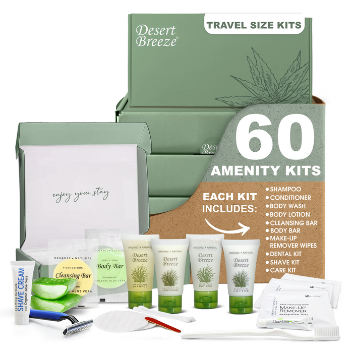 Desert Breeze Amenity & Accessory Kit | 1 oz Travel Size Shampoo, Conditioner, Lotion, Body Wash, Body Bar, Cleansing Bar, Shave & Dental Sets, Make-Up Remover Wipes, & Vanity Kit | 60 sets per case
