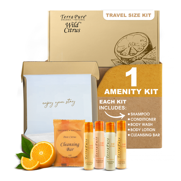 Terra Pure Amenity Kit | Boxed Hotel Toiletries | Bulk Set 1 oz Travel Size Shampoo, Conditioner, Lotion, Body Wash & Cleansing Bar for Guest Hospitality AirBnB/Vacation Rentals | 1 set per case