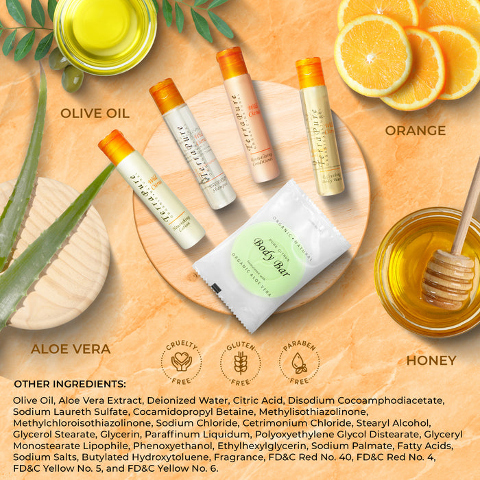 Terra Pure Amenity Kit | Boxed Hotel Toiletries | Bulk Set 1 oz Travel Size Shampoo, Conditioner, Lotion, Body Wash & Cleansing Bar for Guest Hospitality AirBnB/Vacation Rentals | 1 set per case