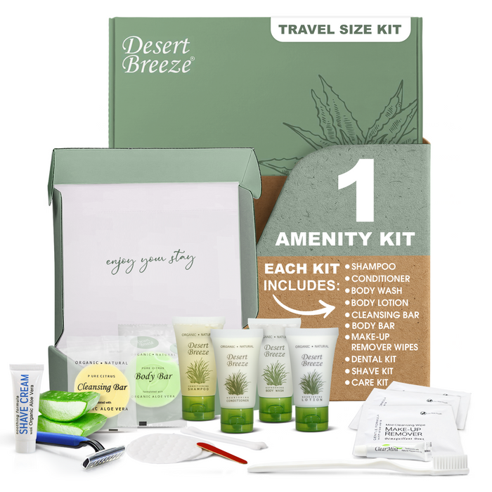 Desert Breeze Amenity & Accessory Kit | 1 oz Travel Size Shampoo, Conditioner, Lotion, Body Wash, Body Bar, Cleansing Bar, Shave & Dental Sets, Make-Up Remover Wipes, & Vanity Kit | 1 set per case