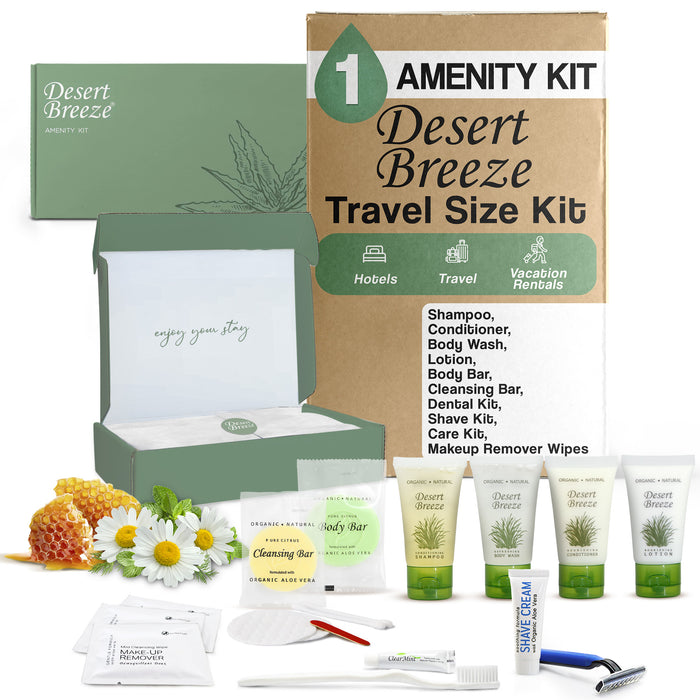 Desert Breeze Amenity & Accessory Kit | 1 oz Travel Size Shampoo, Conditioner, Lotion, Body Wash, Body Bar, Cleansing Bar, Shave & Dental Sets, Make-Up Remover Wipes, & Vanity Kit | 1 set per case