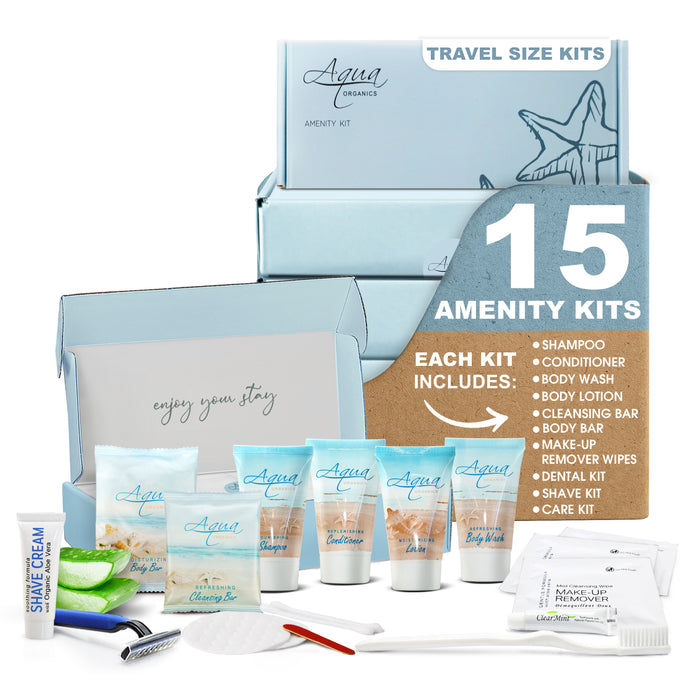 Aqua Organics Amenity & Accessory Kit | 1 oz Travel Size Shampoo, Conditioner, Lotion, Body Wash, Body Bar, Cleansing Bar, Shave & Dental Sets, Make-Up Remover Wipes, & Vanity Kit | 15 sets per case
