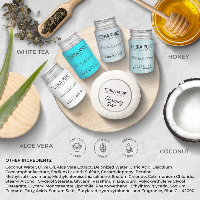 Terra Pure White Tea and Coconut Amenity Kit | Hotel Toiletries | 1oz Travel Size Shampoo, Conditioner, Lotion, Body Wash & Cleansing Bar for Guest Hospitality AirBnB/Vacation Rentals | 1 set/case