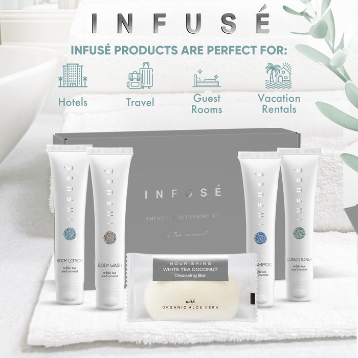 Infuse Amenity Kit | Boxed Hotel Toiletries | Bulk Set 1 oz Travel Size Shampoo, Conditioner, Lotion, Body Wash & Cleansing Bar for Guest Hospitality AirBnB/Vacation Rentals | 15 sets per case