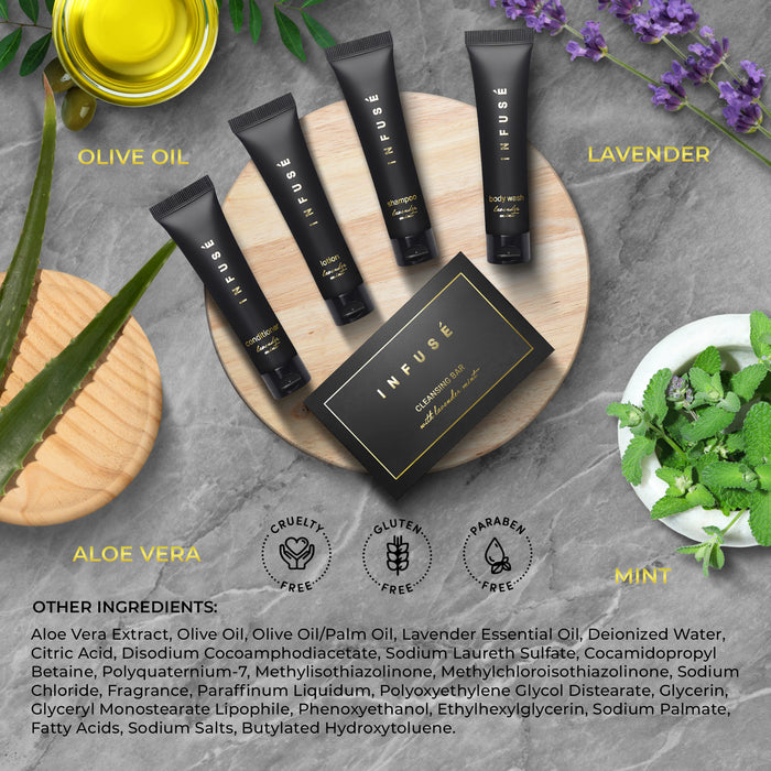 Infuse Black Amenity Kit | Boxed Hotel Toiletries | Bulk Set 1 oz Travel Size Shampoo, Conditioner, Lotion, Body Wash & Cleansing Bar for Guest Hospitality AirBnB/Vacation Rentals | 1 set per case