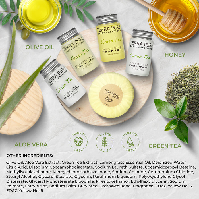Terra Pure Gree Tea Amenity Kit | Boxed Hotel Toiletries | Bulk Set 1oz Travel Size Shampoo, Conditioner, Lotion, Body Wash & Body Bar Soap for Guest Hospitality AirBnB/Vacation Rentals | 15 sets/case