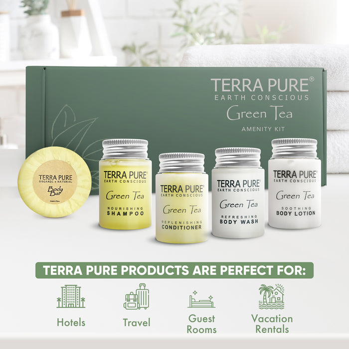 Terra Pure Gree Tea Amenity Kit | Boxed Hotel Toiletries | Bulk Set 1oz Travel Size Shampoo, Conditioner, Lotion, Body Wash & Body Bar Soap for Guest Hospitality AirBnB/Vacation Rentals | 15 sets/case