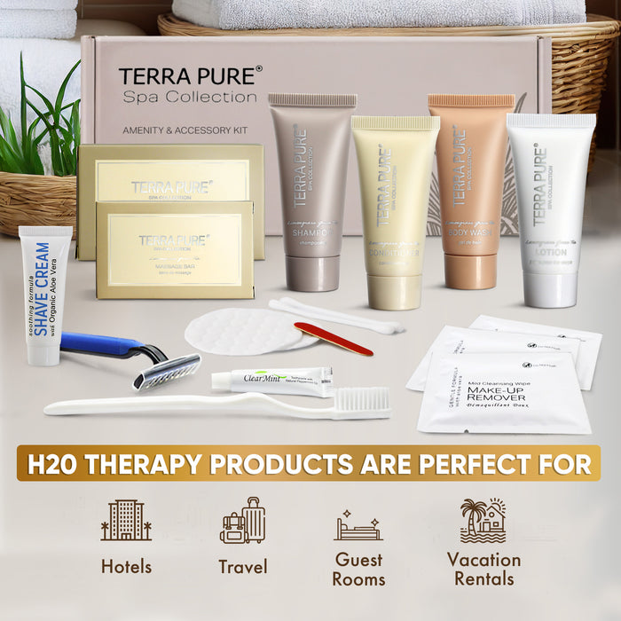 Terra Pure Spa Collection Amenity & Accessory Kit |1 oz Travel Size Shampoo, Conditioner, Lotion, Body Wash, 2 Soap Bars, Shave & Dental Sets, Make-Up Remover Wipes, & Vanity Kit | 1 set per case