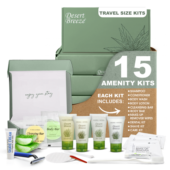 Desert Breeze Amenity & Accessory Kit | 1 oz Travel Size Shampoo, Conditioner, Lotion, Body Wash, Body Bar, Cleansing Bar, Shave & Dental Sets, Make-Up Remover Wipes, & Vanity Kit | 15 sets per case