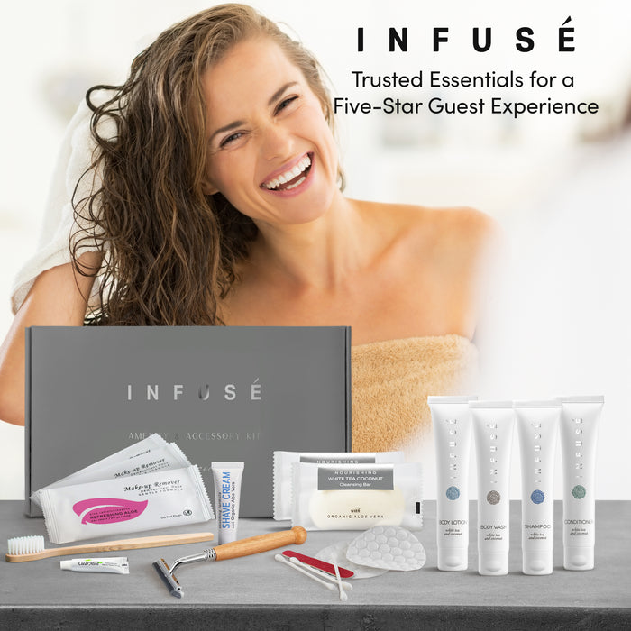 Infuse Amenity & Accessory Kit | 1 oz Travel Size Shampoo, Conditioner, Lotion, Body Wash, 2 Cleansing Bars, Shave & Dental Sets, Make-Up Remover Wipes, & Vanity Kit | 1 set per case