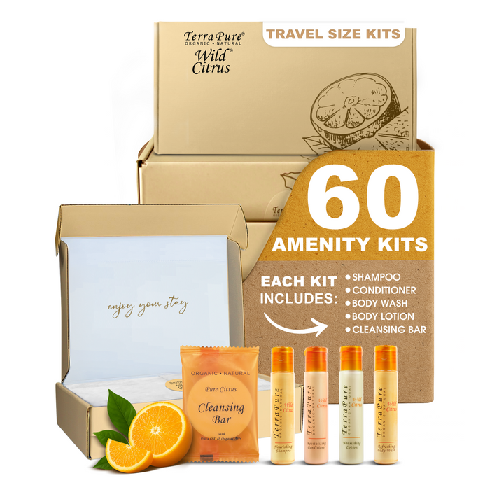 Terra Pure Amenity Kit | Boxed Hotel Toiletries | Bulk Set 1oz Travel Size Shampoo, Conditioner, Lotion, Body Wash & Bar Soap for Guest Hospitality AirBnB/Vacation Rentals | 60 sets per case