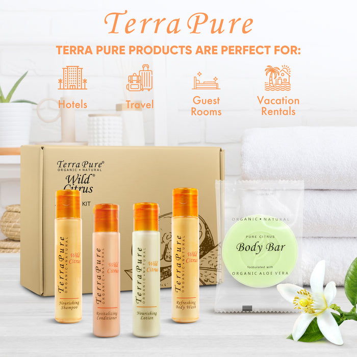 Terra Pure Amenity Kit | Boxed Hotel Toiletries | Bulk Set 1oz Travel Size Shampoo, Conditioner, Lotion, Body Wash & Bar Soap for Guest Hospitality AirBnB/Vacation Rentals | 60 sets per case