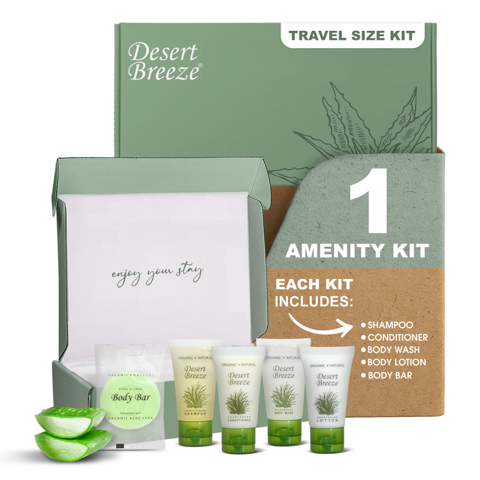 Amenity Kit | Boxed Hotel Toiletries | Bulk Set 1oz Travel Size Shampoo, Conditioner, Lotion, Body Wash & Body Bar Soap for Guest Hospitality AirBnB/Vacation Rentals | 1 set per case