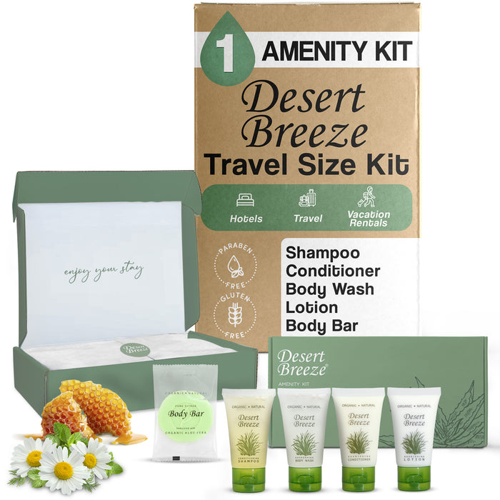 Amenity Kit | Boxed Hotel Toiletries | Bulk Set 1oz Travel Size Shampoo, Conditioner, Lotion, Body Wash & Body Bar Soap for Guest Hospitality AirBnB/Vacation Rentals | 1 set per case