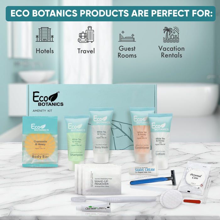 Eco Botanics Amenity & Accessory Kit | 0.85 oz Travel Size Shampoo, Conditioner, Lotion, Body Wash, Body Bar, Cleansing Bar, Shave & Dental Sets, Make-Up Remover Wipes, & Vanity Kit | 15 sets per case