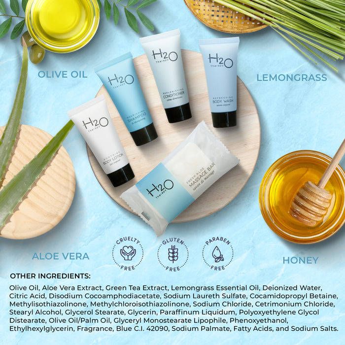 H2O Therapy Amenity Kit | Boxed Hotel Toiletries | Bulk Set .85 oz Travel Size Shampoo, Conditioner, Lotion, Body Wash & Body Bar Soap for Guest Hospitality AirBnB/Vacation Rentals | 15 sets per case