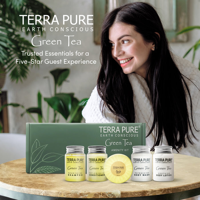 Terra Pure Gree Tea Amenity Kit | Boxed Hotel Toiletries | Bulk Set 1oz Travel Size Shampoo, Conditioner, Lotion, Body Wash & Body Bar Soap for Guest Hospitality AirBnB/Vacation Rentals | 60 sets/case