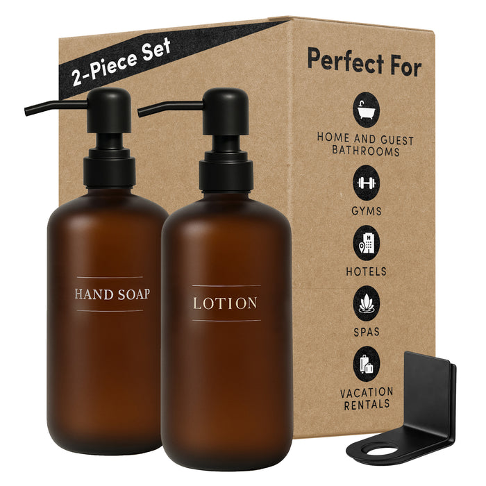 Diversified Hospitality Solutions Amber Plastic Bottle | Refillable Wall Mount Liquid Soap Dispenser with No Drill Brackets | 16 oz Hand Soap and Lotion for every Bathroom | Two Bottles