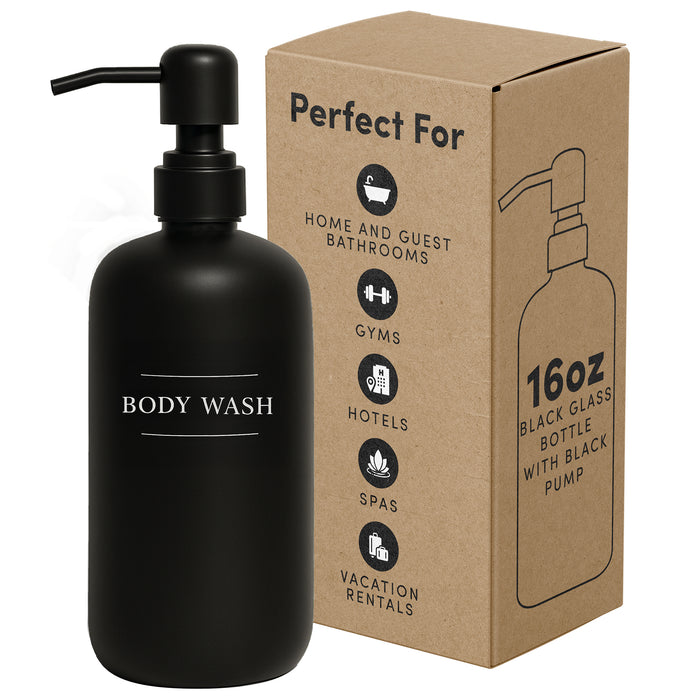 Black Glass Body Wash Bottle | 16 oz Refillable Wall Mount Liquid Soap Dispenser with Waterproof Label for every Bathroom | Single Product by Diversified Hospitality Solutions
