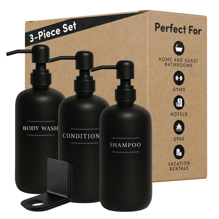 Diversified Hospitality Solutions Black Plastic Bottle | Refillable Wall Mount Liquid Soap Dispenser with No Drill Brackets |16 oz Shampoo, Conditioner and Body Wash for Every Bathroom | Three Bottles