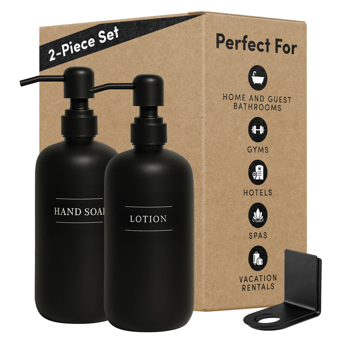Diversified Hospitality Solutions Black Plastic Bottle | Refillable Wall Mount Liquid Soap Dispenser with No Drill Brackets | 16 oz Hand Soap and Lotion for Every Bathroom | Two Bottles