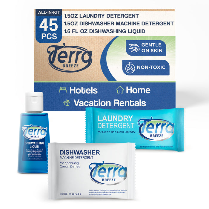 Travel Laundry Detergent & Dish Soap | Terra Breeze 1-Shoppe All-In-Kit Bulk Hotel Size Amenities for AirBnB & Rentals | 45 Pcs