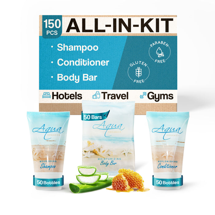 Aqua Organics Hotel Soaps and Toiletries Bulk Set | 1-Shoppe All-In-Kit Amenities for Hotels & Airbnb | 1 oz Hotel Shampoo & Conditioner, 1 oz Bar Soap Travel Size | 150 Pieces
