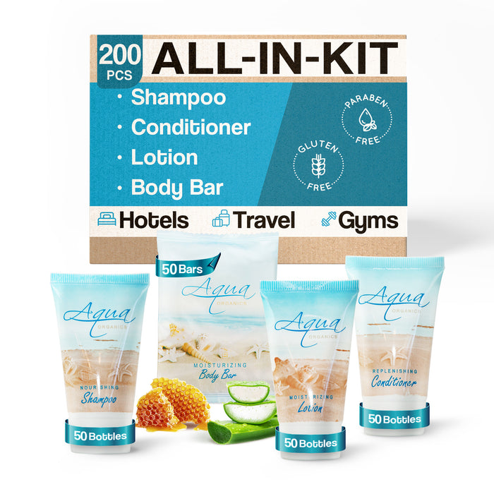 Aqua Organics Hotel Soaps and Toiletries Bulk Set | 1-Shoppe All-In-Kit Amenities for Hotels & Airbnb | 1 oz Hotel Shampoo, Conditioner & Lotion, 1 oz Bar Soap Travel Size | 200 Pieces