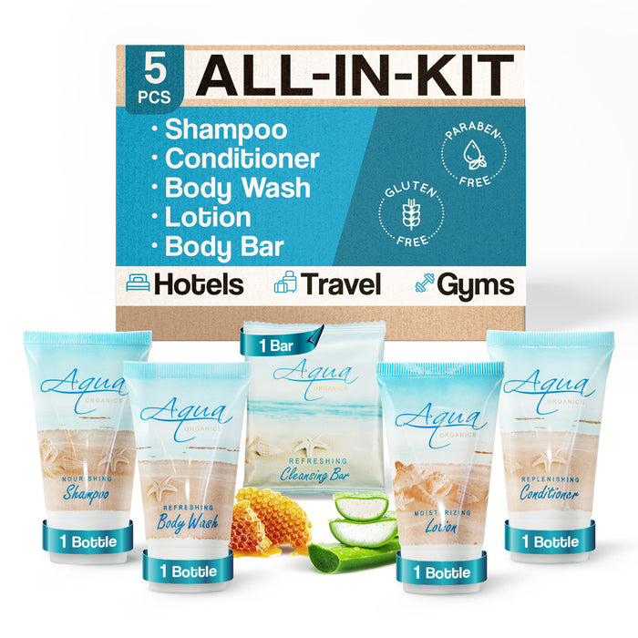 Aqua Organics Hotel Soaps and Toiletries Bulk Set | 1-Shoppe All-In-Kit Amenities for Hotels & Airbnb | 1oz Hotel Shampoo & Conditioner, Body Wash, Body Lotion & 1oz Bar Soap Travel Size | 5 Pieces
