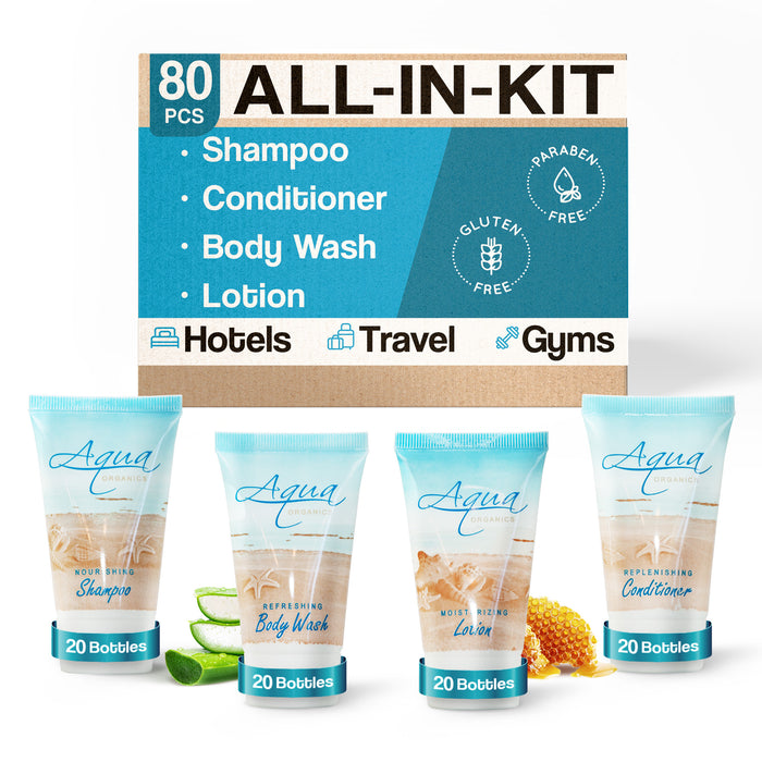 Aqua Organics 1.0 oz. Toiletries Set | 1-Shoppe All-In-Kit Amenities For Hotels, Airbnb & Rentals | Hotel Shampoo & Conditioner, Body Wash, Body Lotion | 80 Piece Travel Set