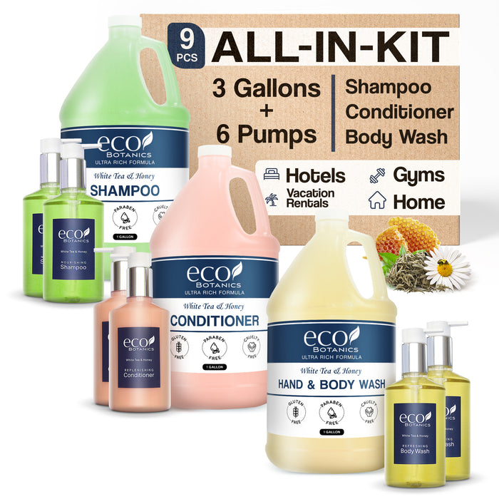Eco Botanics Gallon & Dispenser Set | 1-Shoppe All-In-Kit | Shampoo Conditioner Body Wash Gallon | Refillable 10.14 oz. Matching Pump Bottles