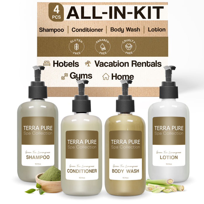 Terra Pure Spa Collection Amenities Set,10.14 oz. Pumps (1 of Each) Shampoo, Conditioner, Hand/Body Wash, and Lotion