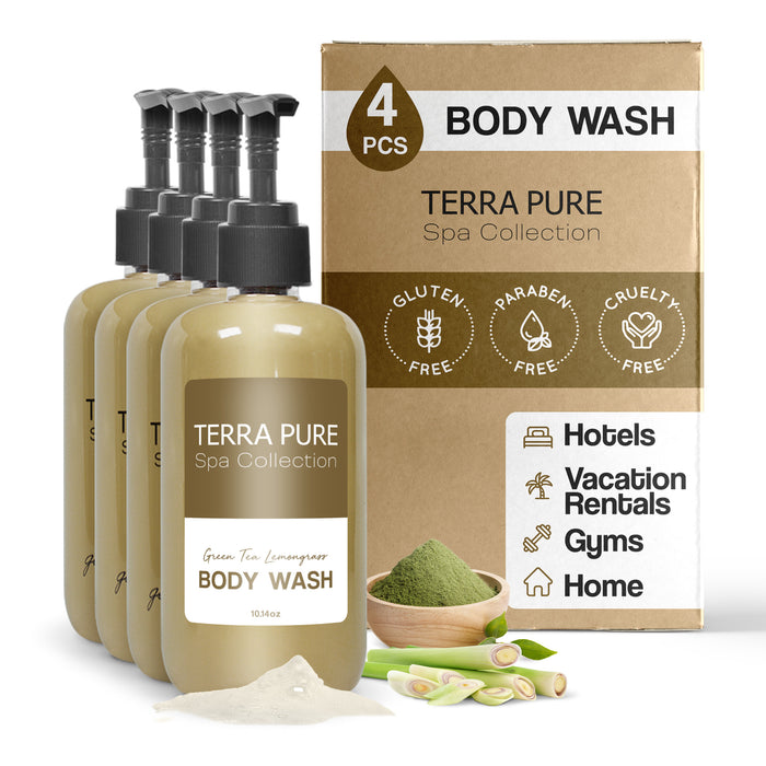 Terra Pure Body Wash | Spa Collection | Hotel Amenities in Pump Bottle | 10.14 oz. / 300 ml (4 Bottles)