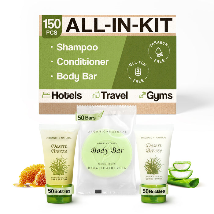 Desert Breeze Hotel Soaps and Toiletries Bulk Set | 1-Shoppe All-In-Kit Amenities for Hotels & Airbnb | 1 oz Hotel Shampoo & Conditioner, 1 oz Bar Soap Travel Size | 150 Pieces