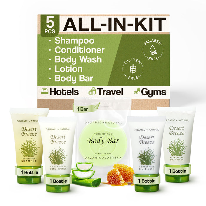 1-Shoppe All-In-Kit | Desert Breeze Hotel Soaps and Toiletries Bulk Set | Amenities | 1oz Hotel Shampoo & Conditioner, Body Wash, Body Lotion & Bar Soap | Travel Size Toiletries Sample Set 5 Pieces