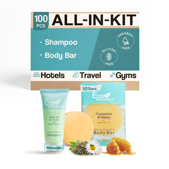 Eco Botanics Hotel Soaps and Toiletries Bulk Set | 1-Shoppe All-In-Kit Amenities for Hotels & Airbnb | 0.85 Conditioning Shampoo & 0.89 oz Bar Soap Travel Size | 100 pieces