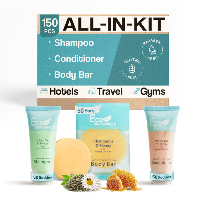 Eco Botanics Hotel Soaps and Toiletries Bulk Set | 1-Shoppe All-In-Kit Amenities for Hotels & Airbnb | 0.85 oz Hotel Shampoo & Conditioner, 0.89 oz Bar Soap Travel Size | 150 Pieces
