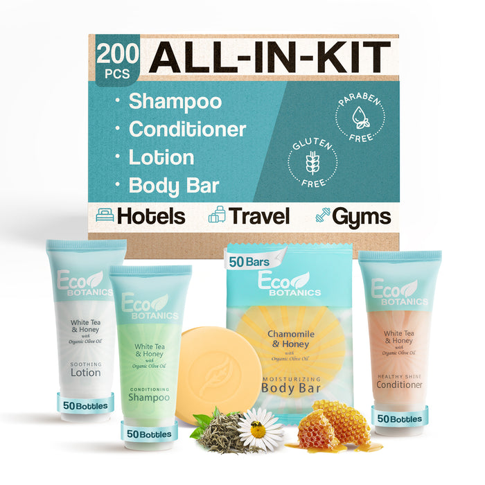 Eco Botanics Hotel Soaps and Toiletries Bulk Set | 1-Shoppe All-In-Kit Amenities for Hotels & Airbnb | 0.85 oz Hotel Shampoo, Conditioner & Lotion, 0.89 oz Bar Soap Travel Size | 200 Pieces