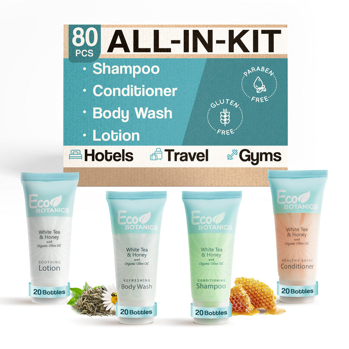 Eco Botanics 0.85 oz. Toiletries Set | 1-Shoppe All-In-Kit Amenities For Hotels, Airbnb & Rentals | Hotel Shampoo & Conditioner, Body Wash, Body Lotion | 80 Piece Travel Set