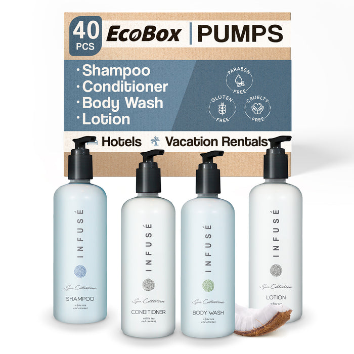 A 40 Piece EcoBox All-in-Kit of our Aquavera 10.14 oz. 300 ml Bottles--12 Shampoos, 8 Conditioners, 12 Body Washes, & 8 Lotions.