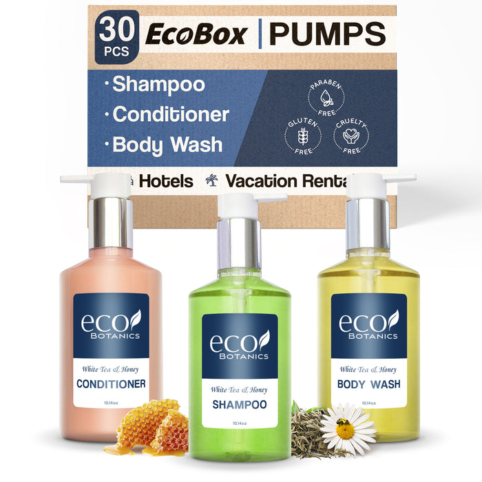 A 30 Piece EcoBox All-in-Kit of our Eco Botanics 10.14 oz. 300 ml Bottles--12 Shampoos, 6 Conditioners, & 12 Body Washes