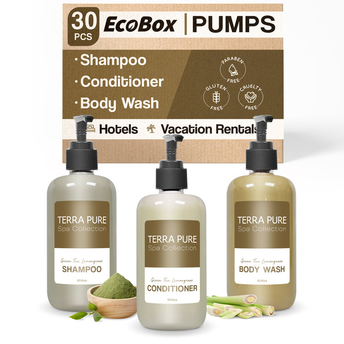 A 30 Piece EcoBox All-in-Kit of our Terra Pure Spa Collection 10.14 oz. 300 ml Bottles--12 Shampoos, 6 Conditioners, & 12 Body Washes