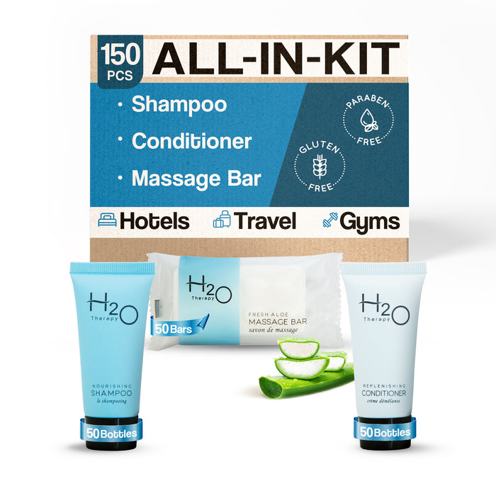 H2O Therapy Hotel Soaps and Toiletries Bulk Set | 1-Shoppe All-In-Kit Amenities for Hotels & Airbnb | 0.85 oz Hotel Shampoo & Conditioner, 1 oz Bar Soap Travel Size | 150 Pieces