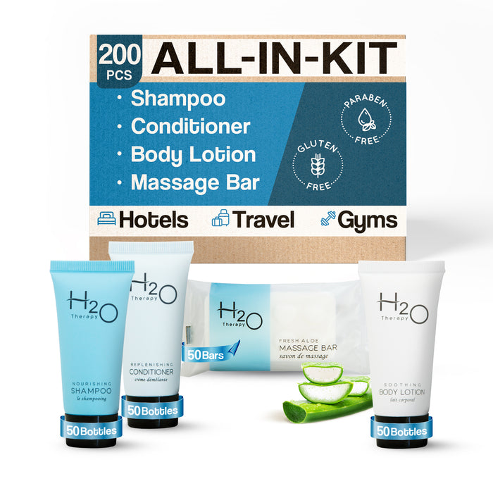 H2O Therapy Hotel Soaps and Toiletries Bulk Set | 1-Shoppe All-In-Kit Amenities for Hotels & Airbnb | 0.85 oz Hotel Shampoo, Conditioner & Lotion, 1 oz Bar Soap Travel Size | 200 Pieces