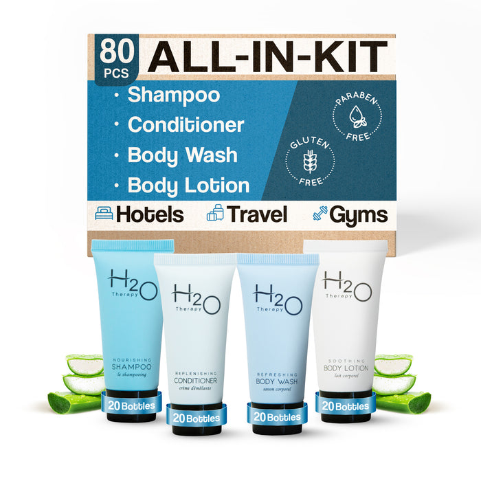 H20 Therapy 0.85 oz. Toiletries Set | 1-Shoppe All-In-Kit Amenities For Hotels, Airbnb & Rentals | Hotel Shampoo & Conditioner, Body Wash, Body Lotion | 80 Piece Travel Set