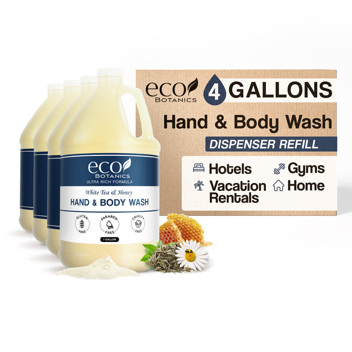 Eco Botanics Hotel Body Wash/Hand Soap | 1 Gallon | Designed to Refill Soap Dispensers (Set of 4)
